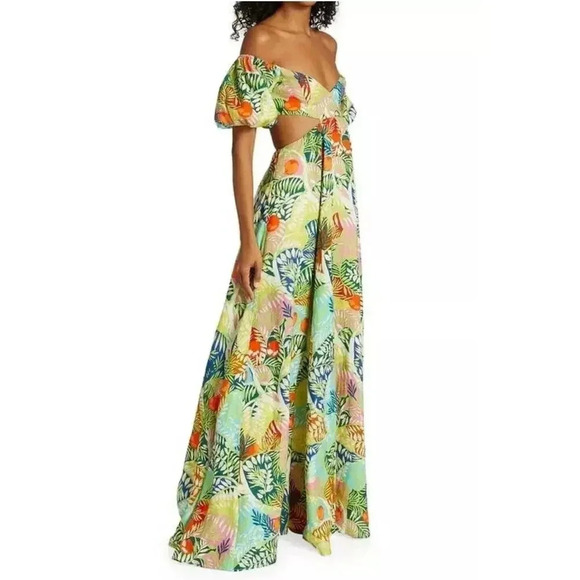 $625 Staud Coliseum Tropical Floral Cutout Off Shoulder Maxi Dress Size …